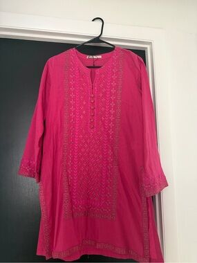 Pakistani/Indian Kurti Bright Pink Embroidered Tunic Top